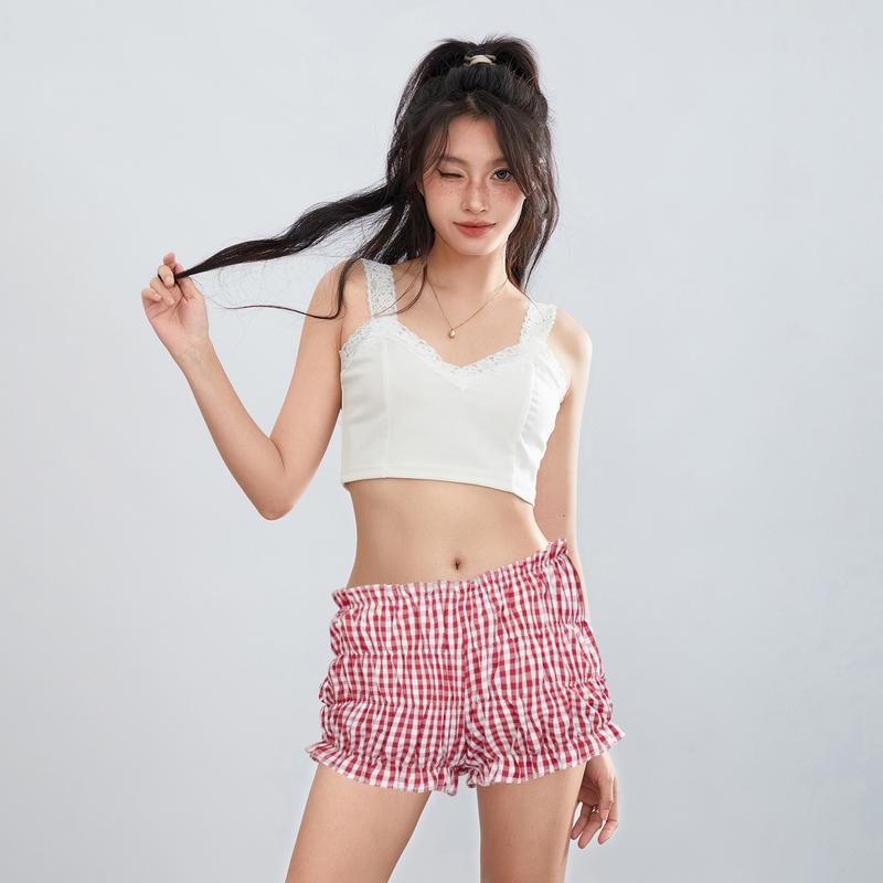 Women Summer Ruffled Shorts Casual Plaid Print Elastic Waist Short Pants for Beach Nightclub Streetwear