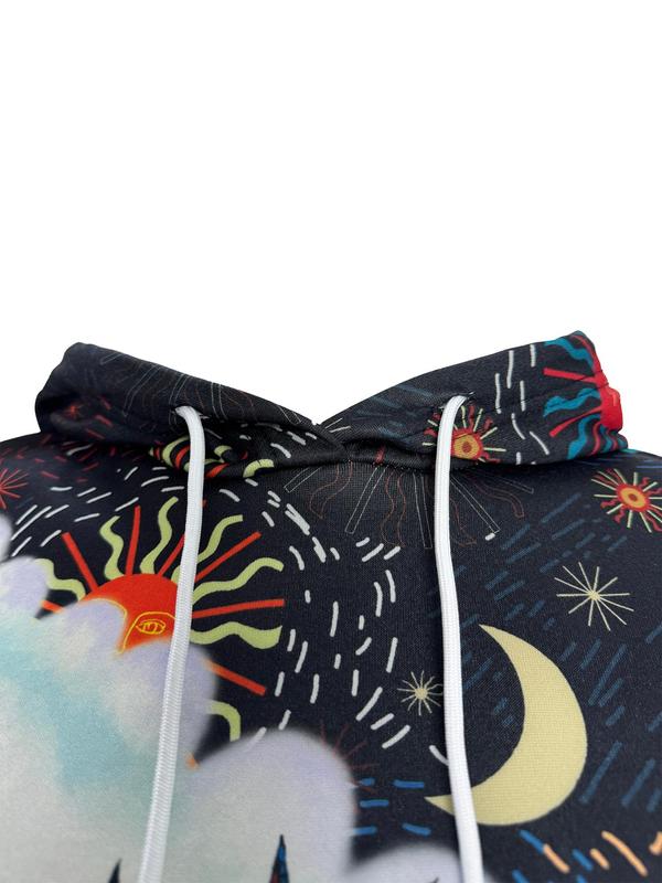 Women's Sun & Moon Print Drop Shoulder Hoodie, Fashion Casual Drawstring Pocket Hooded Sweatshirt for Daily Holiday Outdoor Wear, Ladies Clothes for Spring & Fall