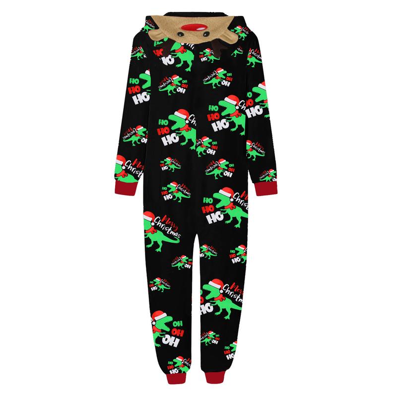 Christmas Family Matching Jumpsuit, Long Sleeve Hooded Dinosaur Print Zipper Closure Loungewear