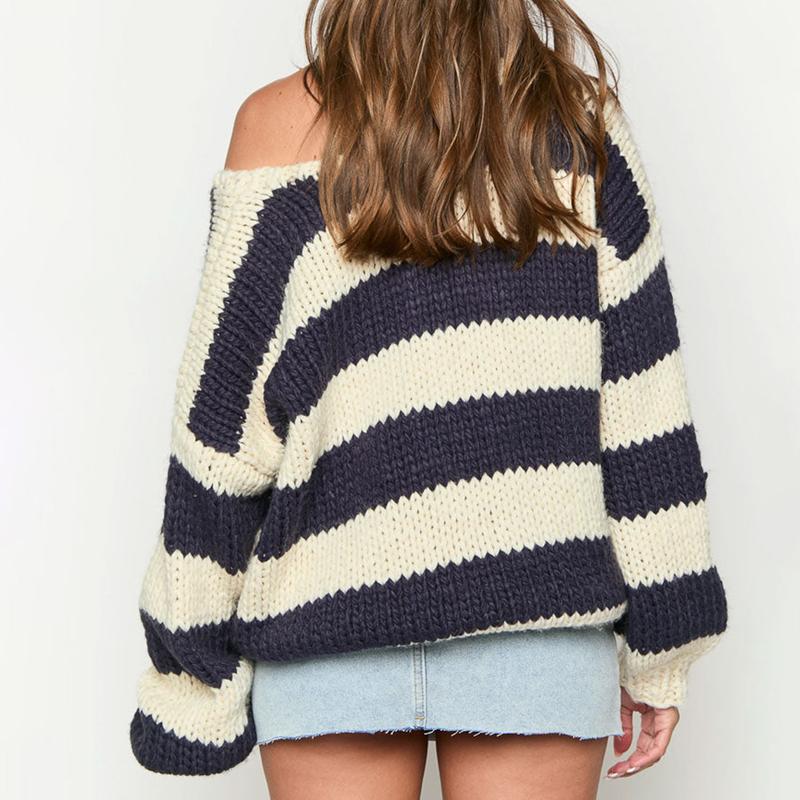 Women's Fall Striped Sweater Drop Shoulder Long Sleeve V-Neck Loose Knitted Tops