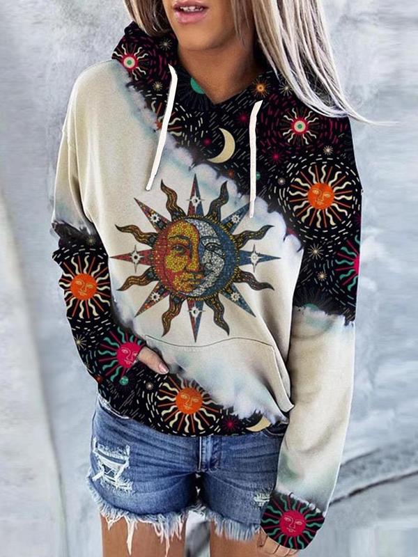 Women's Sun & Moon Print Drop Shoulder Hoodie, Fashion Casual Drawstring Pocket Hooded Sweatshirt for Daily Holiday Outdoor Wear, Ladies Clothes for Spring & Fall