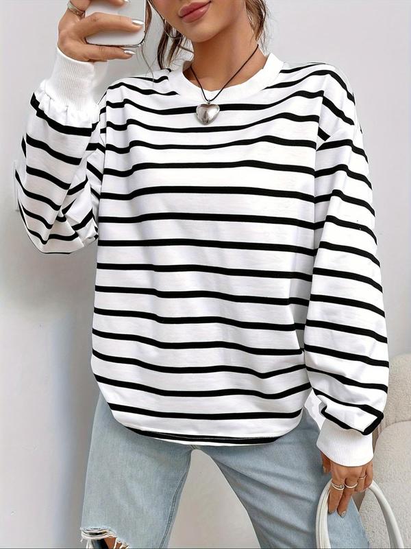 Women's Striped Print Drop Shoulder Pullover, Casual Long Sleeve Crew Neck Sweatshirt for Fall & Winter, Fashion Women's Top for Daily Wear