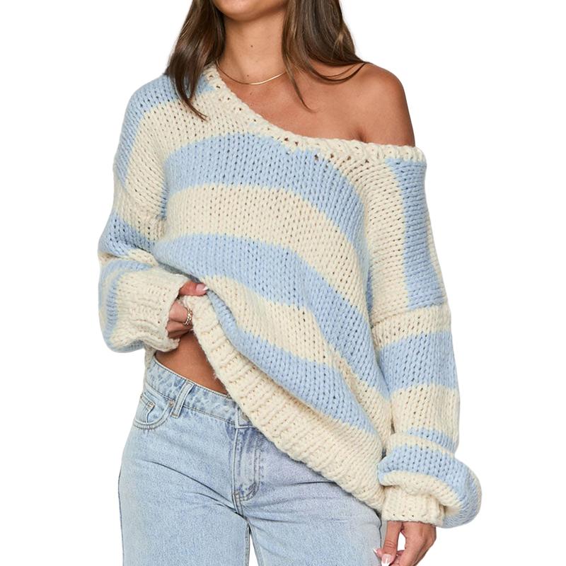 Women's Fall Striped Sweater Drop Shoulder Long Sleeve V-Neck Loose Knitted Tops