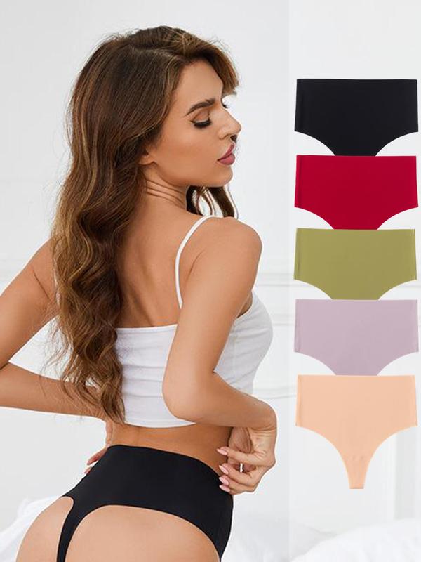 Women's 5 Pieces Solid High Waist Thong, Casual Comfortable Seamless Knicker for Daily Wear, Ladies Underwear for All Seasons