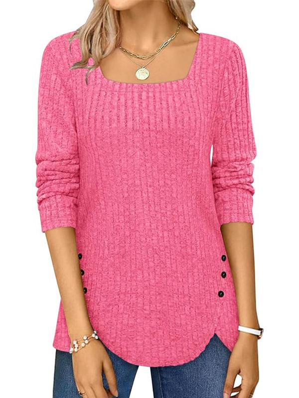 Women's Plain Button Front Ribbed Tee, Casual Long Sleeve Square Neck Top for Fall & Winter, Ladies' Knitwear for Daily Wear