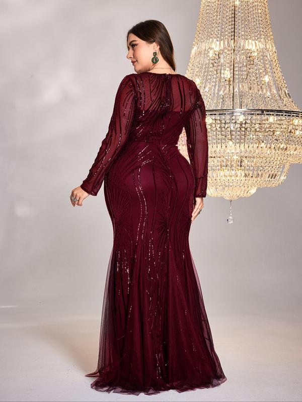 Plus Size Contrast Mesh Sequin Evening Dress, Birthday Dresses 2024,  Holiday Dresses, Elegant Formal Wear, Long Sleeve Round Neck Mermaid Dress for Party Formal Occasions, Women's Clothes for Spring & Fall, Birthday Outfit Black Girl