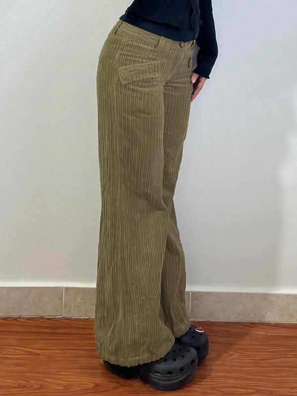 Women's Plain Button Fly Corduroy Pants, Casual Wide Leg Trousers for Daily Wear, Ladies Bottoms for All Seasons