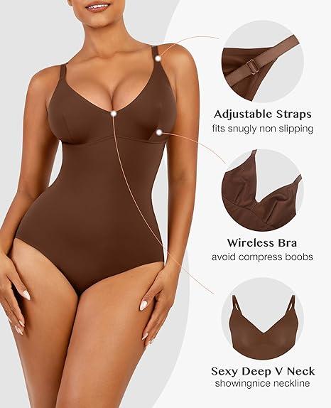 FeelinGirl Shapewear Bodysuit For Women Deep V Neck Tummy Control Seamless  Shaper Casual Breathable Comfortable Fabric Womenswear