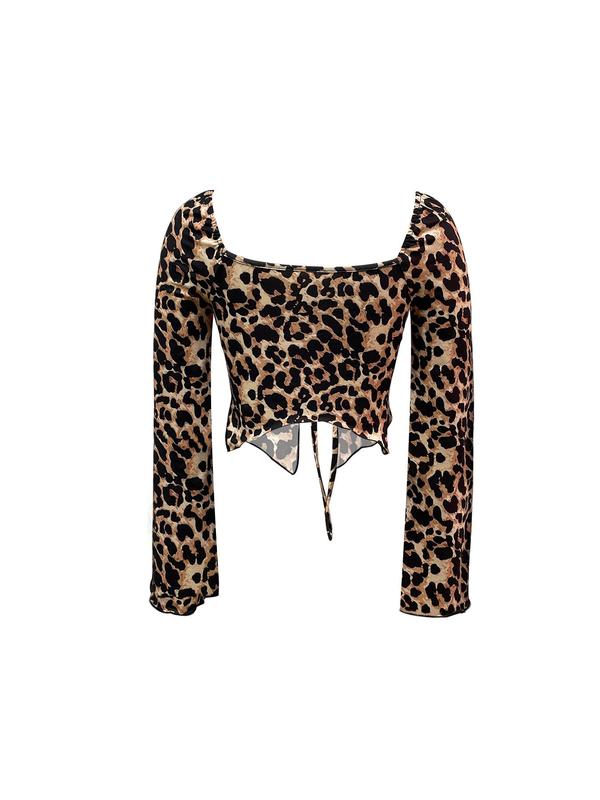 Women's Leopard-Print Tie Front Crop Top, 1 Count Fashion Casual Square Neck Long Sleeve Top for Daily Outdoor Wear, Ladies Clothes for All Seasons