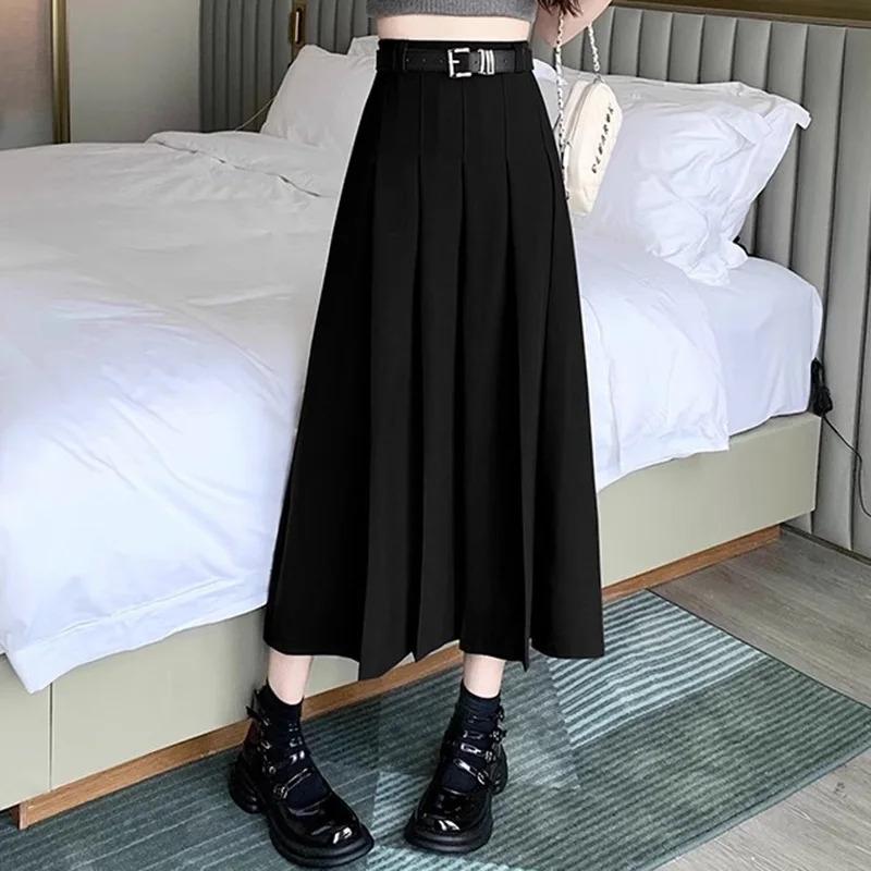 2024 Women Vintage Solid Color JK Long Skirts Girls Elegant Comfortable Leisure Dress Female Sweet A Line Zipper Pleated Skirts