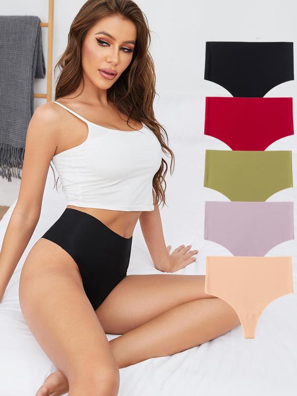 Women's 5 Pieces Solid High Waist Thong, Casual Comfortable Seamless Knicker for Daily Wear, Ladies Underwear for All Seasons