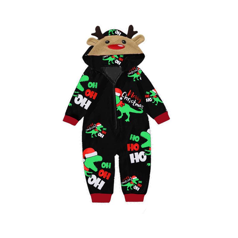 Christmas Family Matching Jumpsuit, Long Sleeve Hooded Dinosaur Print Zipper Closure Loungewear