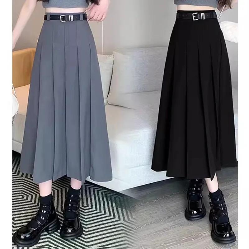 2024 Women Vintage Solid Color JK Long Skirts Girls Elegant Comfortable Leisure Dress Female Sweet A Line Zipper Pleated Skirts