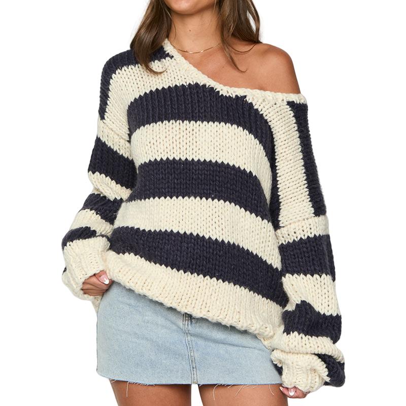 Women's Fall Striped Sweater Drop Shoulder Long Sleeve V-Neck Loose Knitted Tops