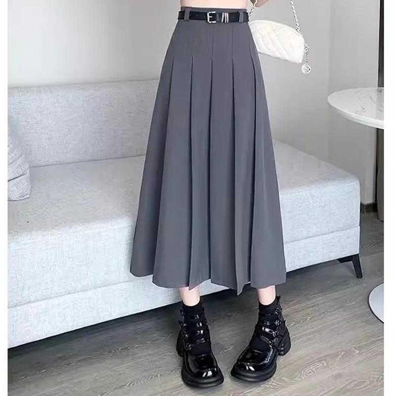 2024 Women Vintage Solid Color JK Long Skirts Girls Elegant Comfortable Leisure Dress Female Sweet A Line Zipper Pleated Skirts