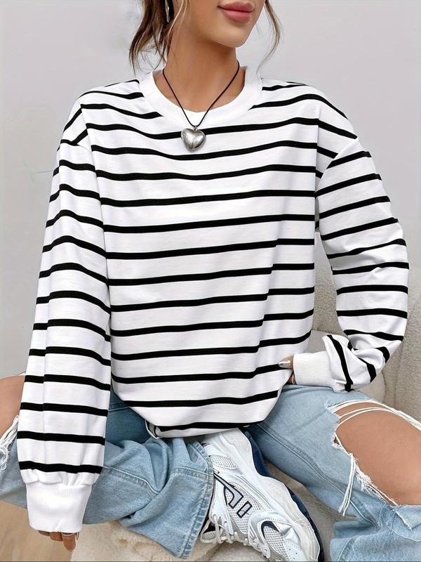 Women's Striped Print Drop Shoulder Pullover, Casual Long Sleeve Crew Neck Sweatshirt for Fall & Winter, Fashion Women's Top for Daily Wear