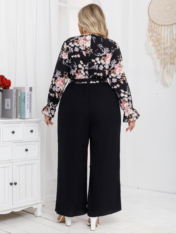  Floral Print Belted Wrap Flounce Sleeve Jumpsuit, Casual V Neck Long Sleeve Wide Leg Jumpsuit for Fall & Winter, Women's Clothes for Daily Wear