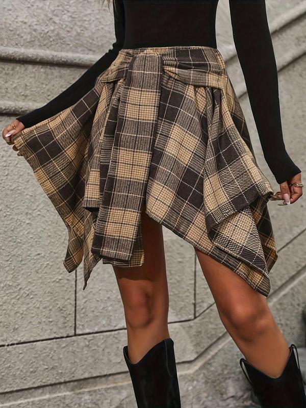 Women's Plaid Print Tie Front Asymmetrical Hem Skirt, Casual Fashion Flared Skirt for Daily Wear, Ladies Bottoms for All Seasons