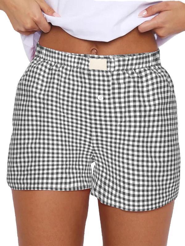 Women's Plaid Print Patched DecorButton FrontElastic Waist Shorts,Casual Comfy Straight LegShorts forSummer, Ladies Back ToSchoolBottoms for Daily Wear, Shortsfor Women,Downtown Girl ClothesPreppy 80s Clothes