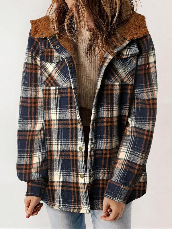 Women's Plaid Print Button Front Thermal Lined Hooded Jacket, Casual Long Sleeve Pocket Outerwear for Fall & Winter, Women's Clothes for Daily Wear