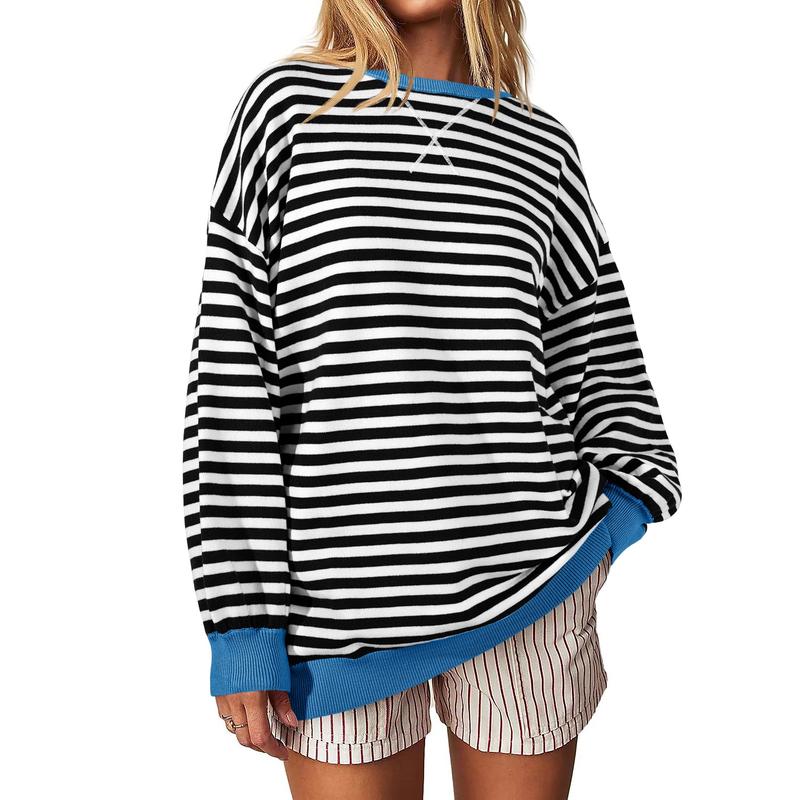 Fisoew Womens Striped Oversized Sweaters Color Block 2024 Fall Trendy Crew Neck Puff Sleeve Tunic Sweater