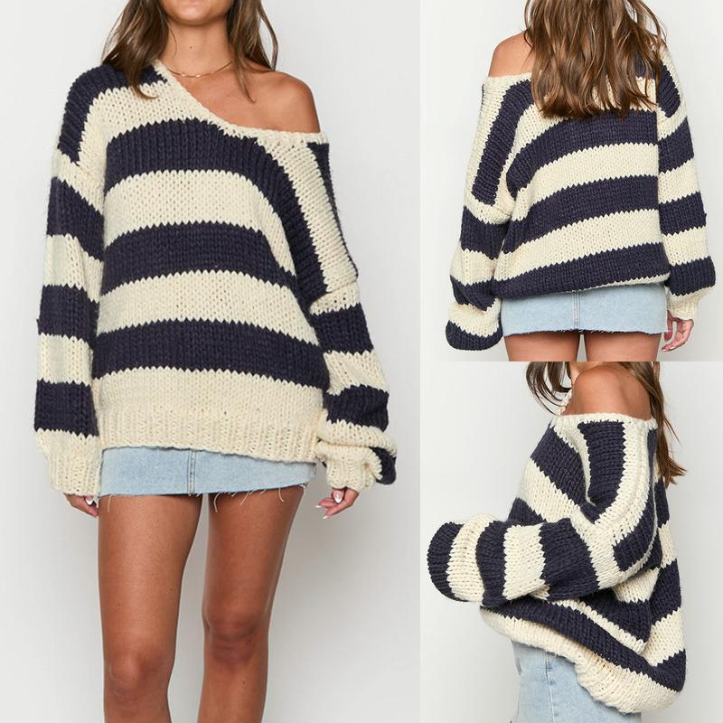 Women's Fall Striped Sweater Drop Shoulder Long Sleeve V-Neck Loose Knitted Tops