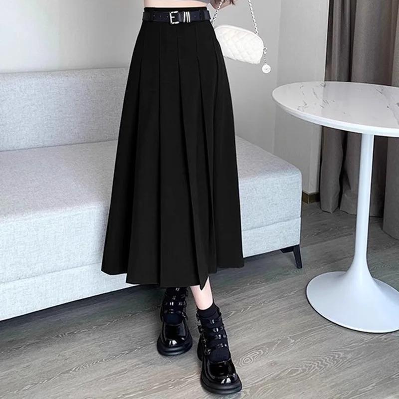 2024 Women Vintage Solid Color JK Long Skirts Girls Elegant Comfortable Leisure Dress Female Sweet A Line Zipper Pleated Skirts