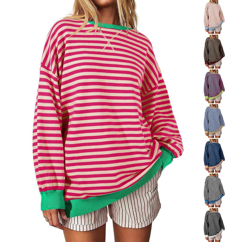 Fisoew Womens Striped Oversized Sweaters Color Block 2024 Fall Trendy Crew Neck Puff Sleeve Tunic Sweater