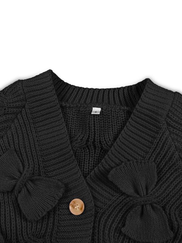 Women's Plain Bow Decor Button Front Cardigan, Elegant Raglan Sleeve Cardigan Sweater for Fall & Winter, Fashion Women's Knitwear for Daily Wear