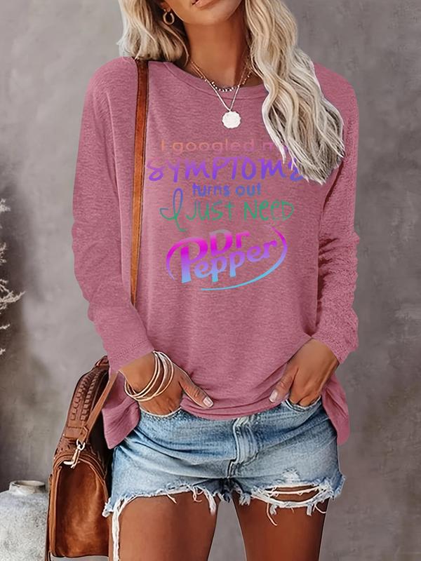 Women's Letter Print Round Neck Tee, Casual Long Sleeve Crew Neck T-shirt for Fall & Winter, Women's Top for Daily Wear