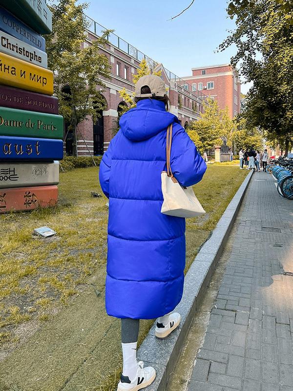 Women's Solid Button Front Pocket Zipper Drop Shoulder Midi Winter Coat, Coats for School, Casual Long Puffer Coat for Fall & Winter, Women's Clothing for Daily Wear, Winter Clothes Women, Coats for Winter Women 2024