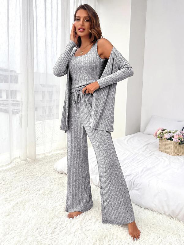 Lounge Sets 3 Piece Pajamas Set Open Front Cardigan Tank Tops Pants Loungewear Nightwear Soft