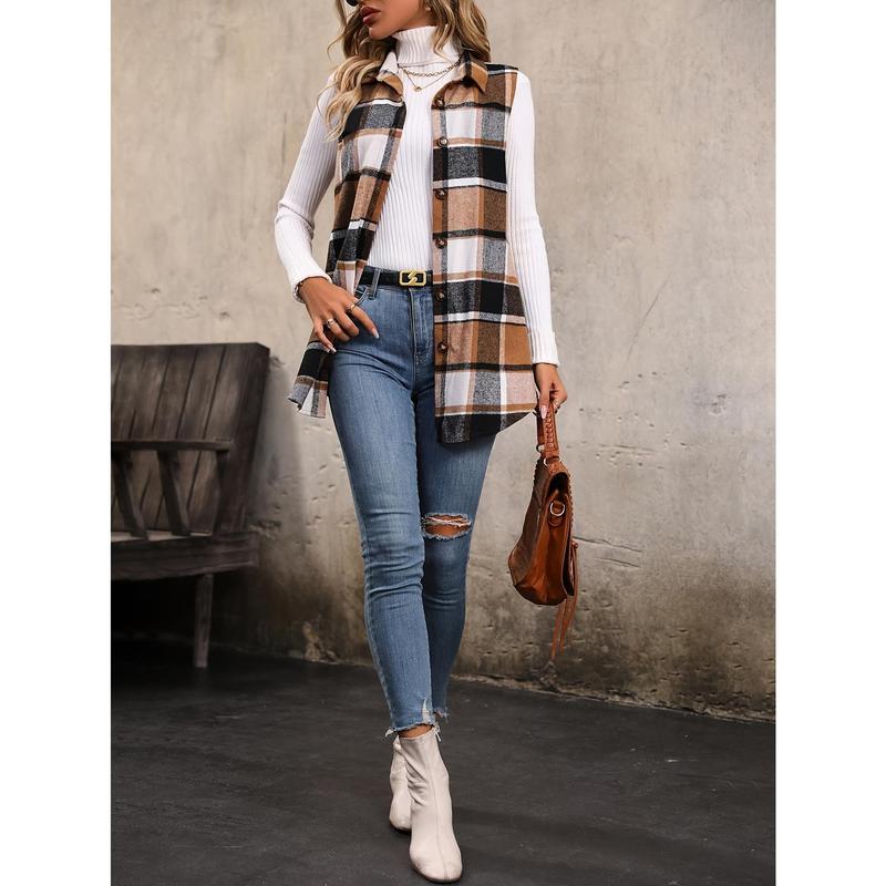 Vibrant Plaid Print Vest Jacket - Women's Sleeveless Casual Gilet for Fall & Spring - Flap Detail, Button Front, Comfortable, Stylish, and Versatile