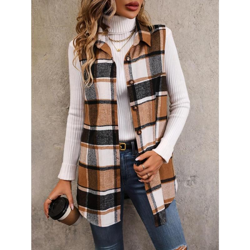 Vibrant Plaid Print Vest Jacket - Women's Sleeveless Casual Gilet for Fall & Spring - Flap Detail, Button Front, Comfortable, Stylish, and Versatile