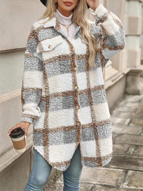 Women's Plaid Print Button Front Drop Shoulder Curved Hem Fuzzy Coat, Casual Flap Detail Long Sleeve Collared Outerwear for Fall & Winter, Coats for Winter Women 2024, Ladies Clothes for Daily Wear