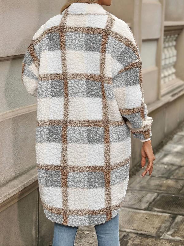 Women's Plaid Print Button Front Drop Shoulder Curved Hem Fuzzy Coat, Casual Flap Detail Long Sleeve Collared Outerwear for Fall & Winter, Coats for Winter Women 2024, Ladies Clothes for Daily Wear