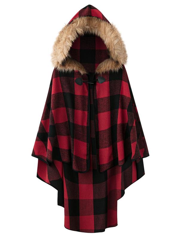  Plaid Print Contrast Faux Fur High Low Cape Coat, Casual Cloak Long Sleeve Outerwear for Fall & Winter, Women's Clothes for Daily Wear