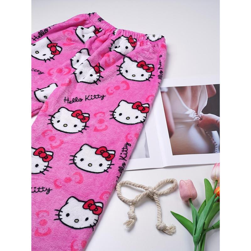 Licensed Sanrio Flannel Women's Pajamas, Kawaii Sanrio Hello Kitty, Casual Anime Pants, Warm White Wool, Autumn Fashion Gifts