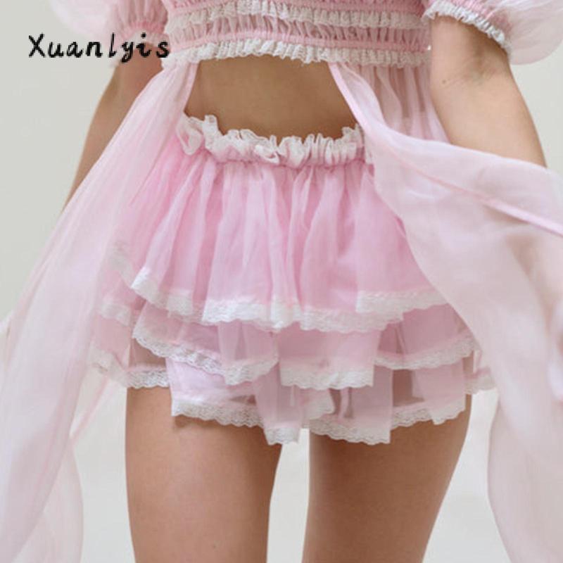 Women Mini Skirt, Elastic High Waist Layered Skirt Summer Lace Trim A-line Skirt for Party Womenswear Bottom Feminine Light