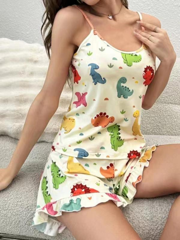 2 Pieces Women's Dinosaur Print Ruffle Trim Pajama Set, Cute Comfy Backless Cami Top & Elastic Waist Shorts PJ Lounge Set, Pajama Sets Women, Women's Sleepwear & Loungewear