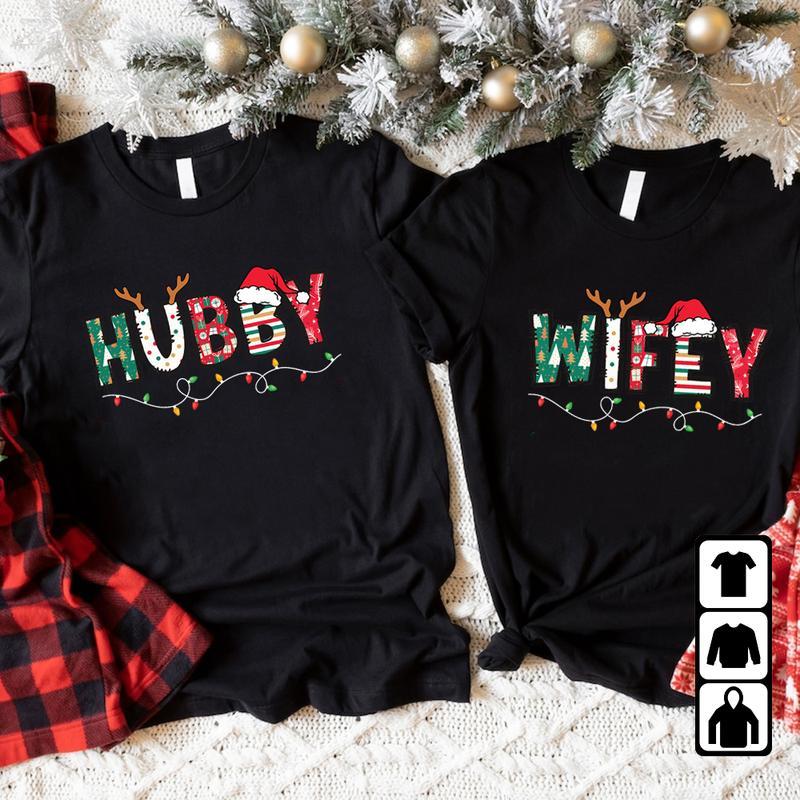 [ Sale Up To 65%] Christmas Hubby And Wifey 2024 Shirt, Bride and Groom Shirt, Wedding Gifts, Husband and Wife Shirt, First Christmas Couple Gifts, Xmas Gifts