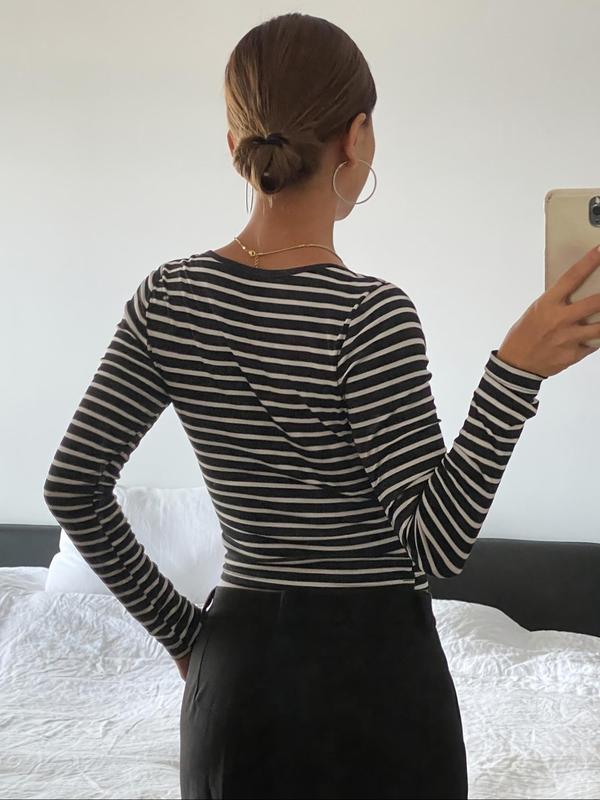 Women's Striped Print Button Scoop Neck Tee, Casual Long Sleeve T-shirt for Spring & Fall, Women's Top for Daily Wear