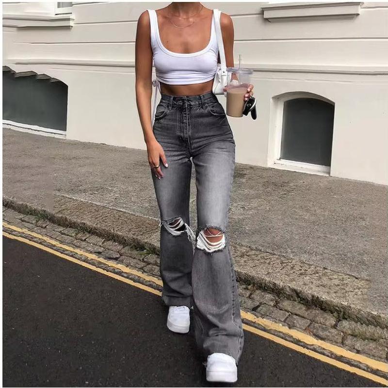 Women Vintage Ripped Flare Bell Bottom Jeans High Waisted Wide Leg Raw Hem Denim Pants Casual Slim Fitting Trousers with Pocket