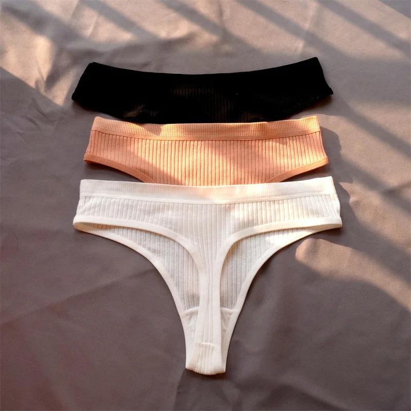 3 Pcs Seamless Ladies Ribbed Cotton Thong Simple Women's Low Waist Bikini Briefs Sports Girls Underwear Plus Size