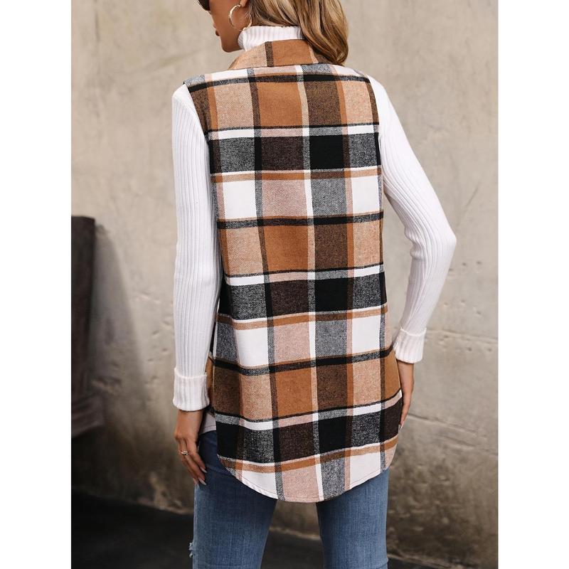 Vibrant Plaid Print Vest Jacket - Women's Sleeveless Casual Gilet for Fall & Spring - Flap Detail, Button Front, Comfortable, Stylish, and Versatile