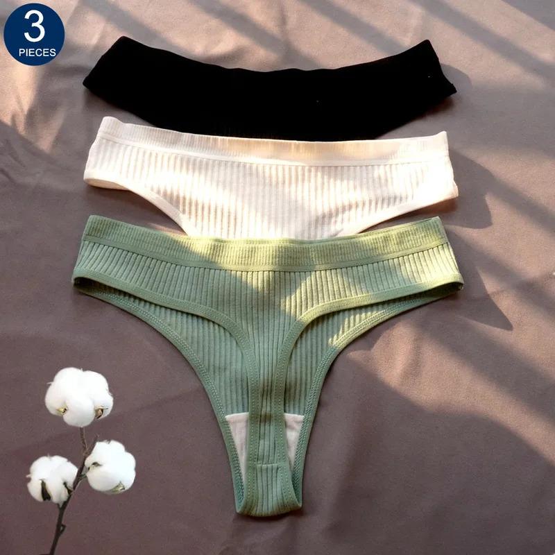 3 Pcs Seamless Ladies Ribbed Cotton Thong Simple Women's Low Waist Bikini Briefs Sports Girls Underwear Plus Size