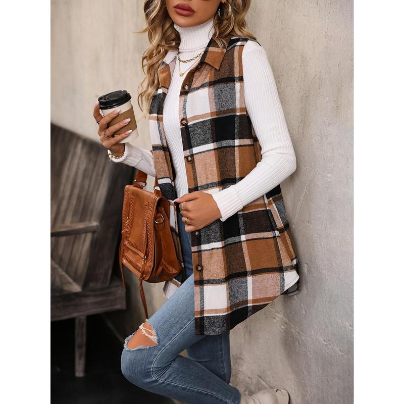 Vibrant Plaid Print Vest Jacket - Women's Sleeveless Casual Gilet for Fall & Spring - Flap Detail, Button Front, Comfortable, Stylish, and Versatile