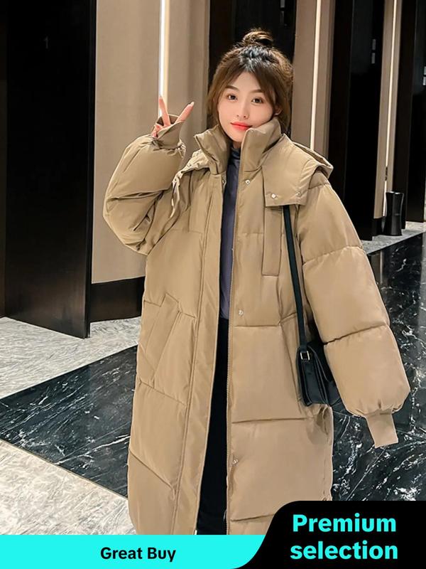 Women's Solid Button Front Pocket Zipper Drop Shoulder Midi Winter Coat, Coats for School, Casual Long Puffer Coat for Fall & Winter, Women's Clothing for Daily Wear, Winter Clothes Women, Coats for Winter Women 2024