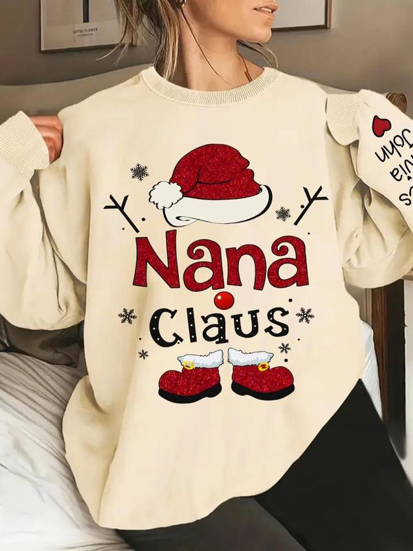 Women's Christmas Themed Letter Print Crew Neck Sweatshirt, Casual Long Sleeve Pullover for Fall & Winter, Women's Clothes for Daily Wear