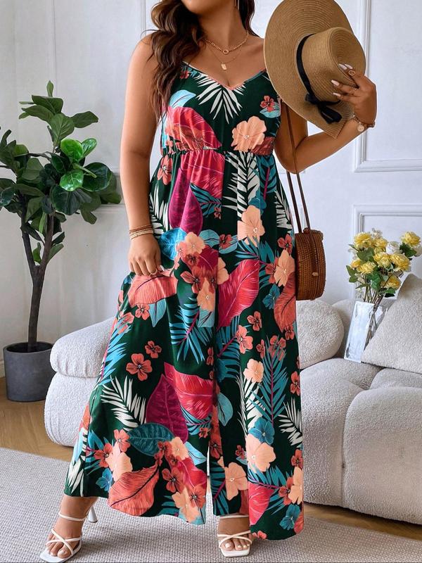  Plants Print Backless Cami Jumpsuit, Elegant Sleeveless Wide Leg Jumpsuit for Summer, Women's Plus Clothing for Daily Wear